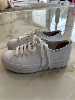 Keds White Platform Lace-Up Sneakers with Gold Accents